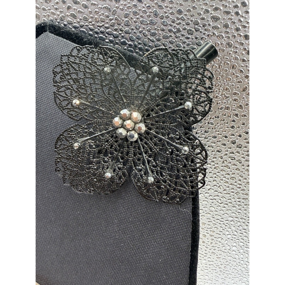 Gunmetal Gray Tone Metal Flower Hair Clip Barrette w/ Rhinestone Accents 3.5"